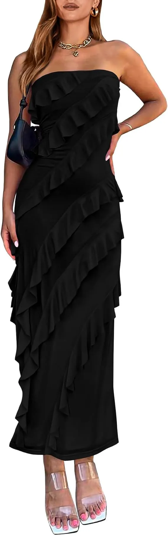 BTFBM Strapless Midi Ruched Bodycon Dress